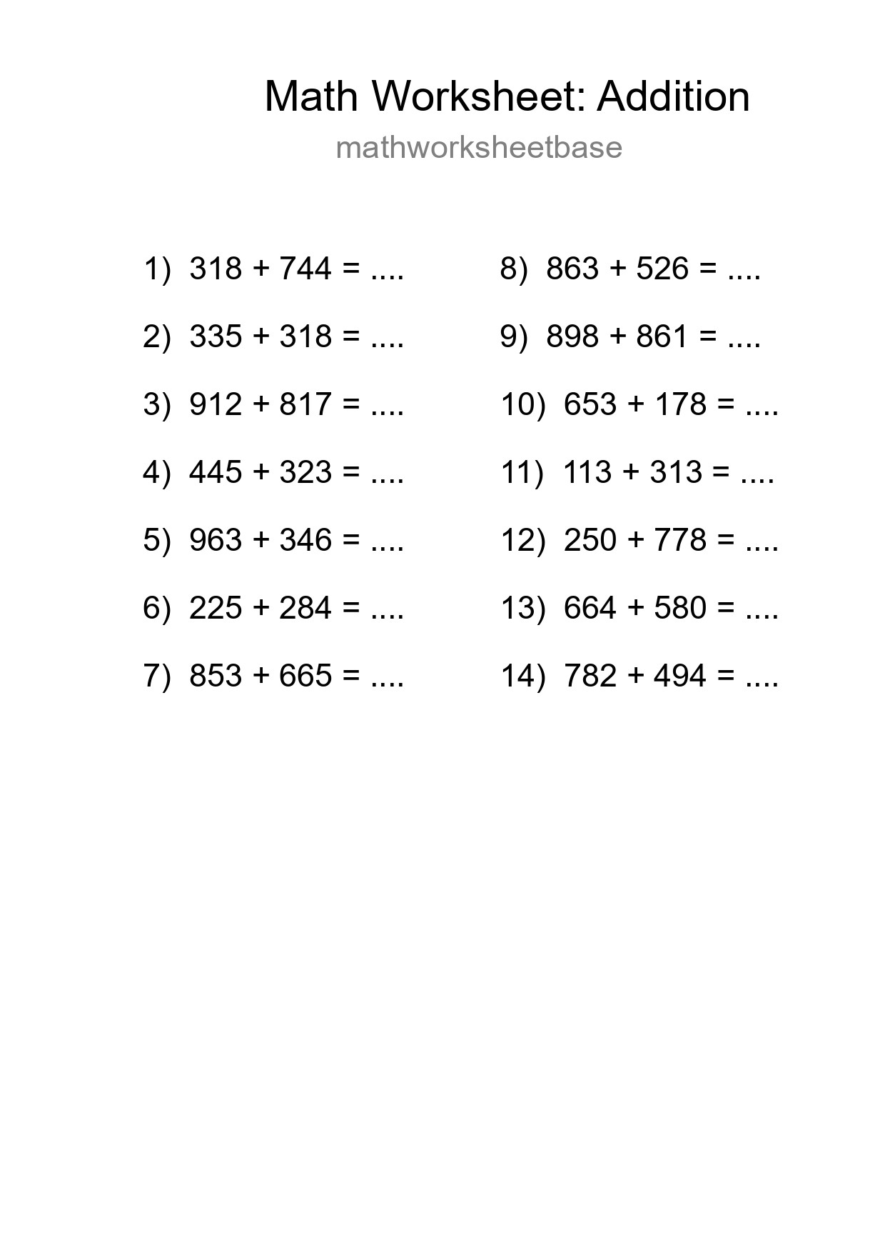 Grade 5 Addition Practice Worksheet (14 Problems) - Part 151