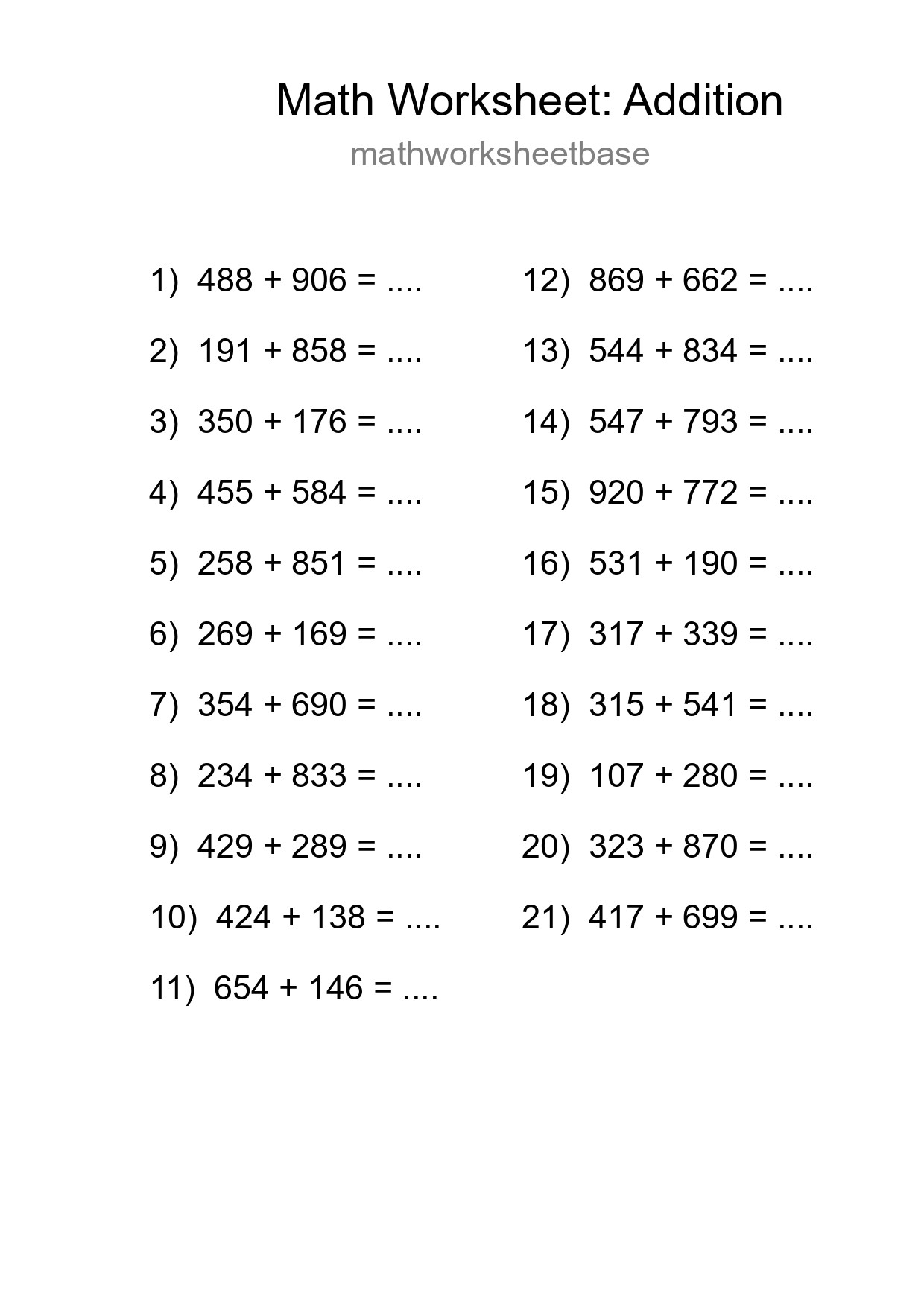 Grade 5 Addition Practice Worksheet (21 Problems) - Part 291