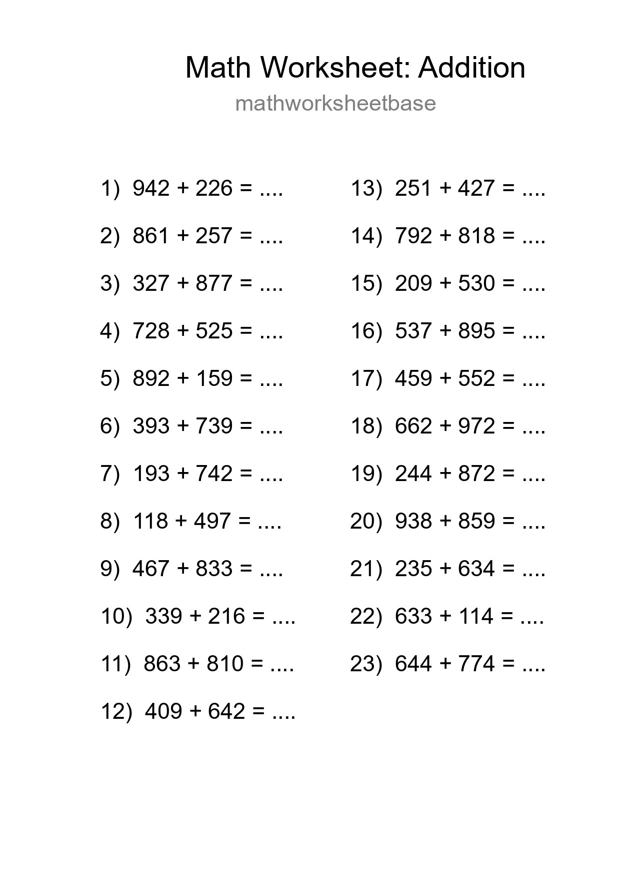 Grade 5 Addition Practice Worksheet (23 Problems) - Part 241