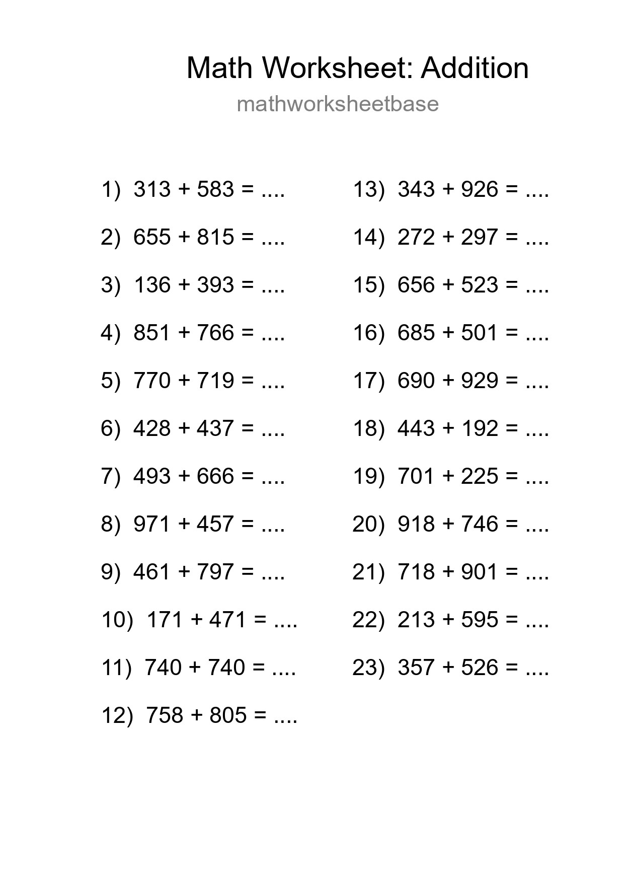 Grade 5 Addition Practice Worksheet (23 Problems) - Part 51