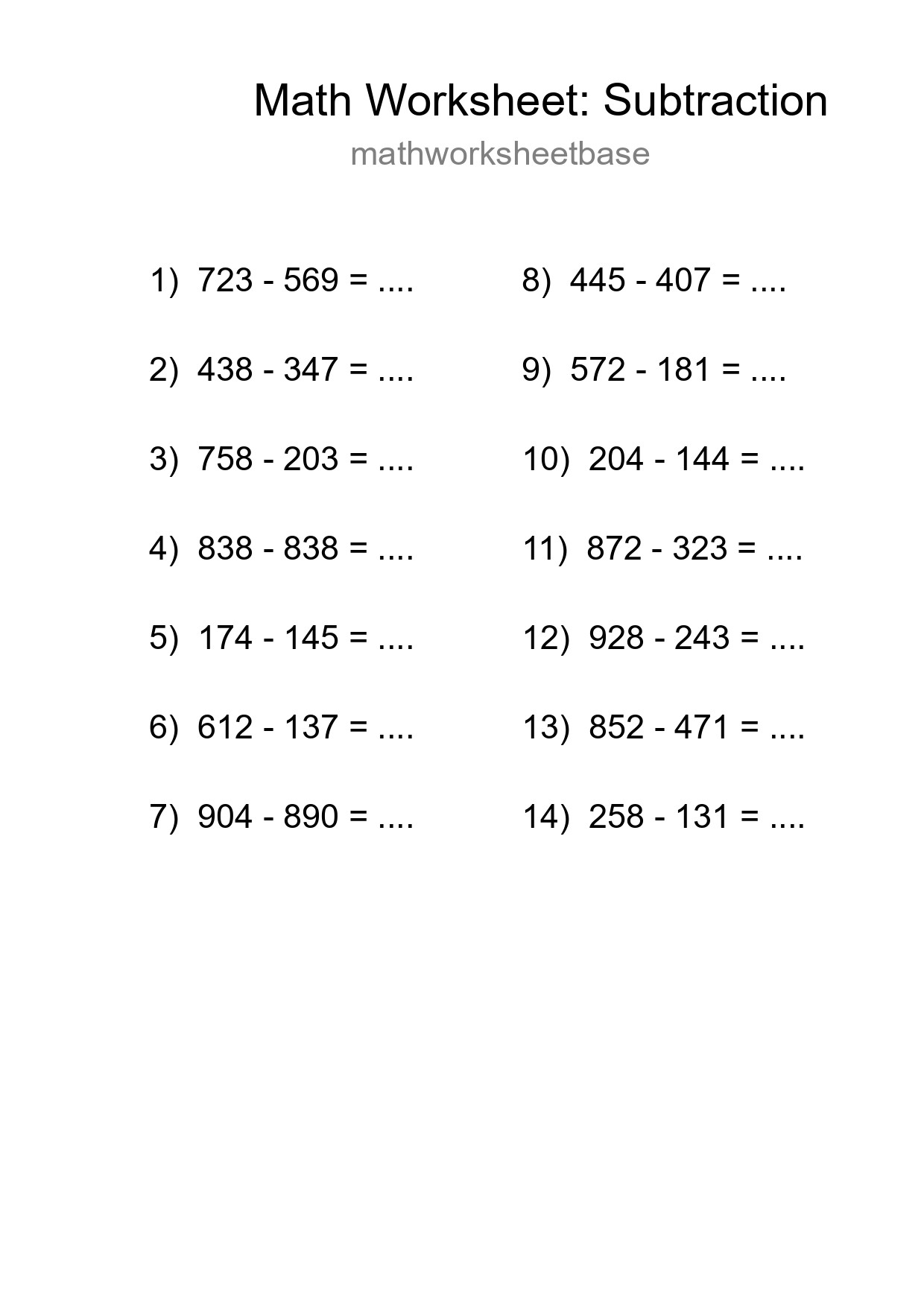 Grade 5 Subtraction Practice Worksheet (14 Problems) - Part 28