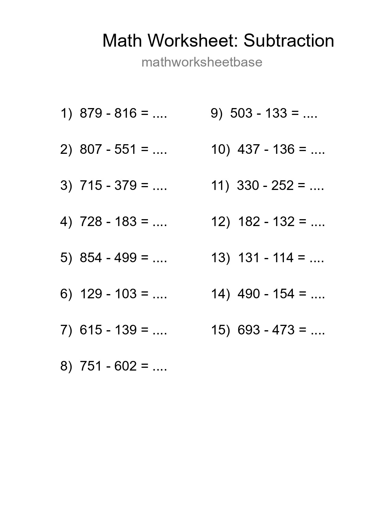 Grade 5 Subtraction Practice Worksheet (15 Problems) - Part 78