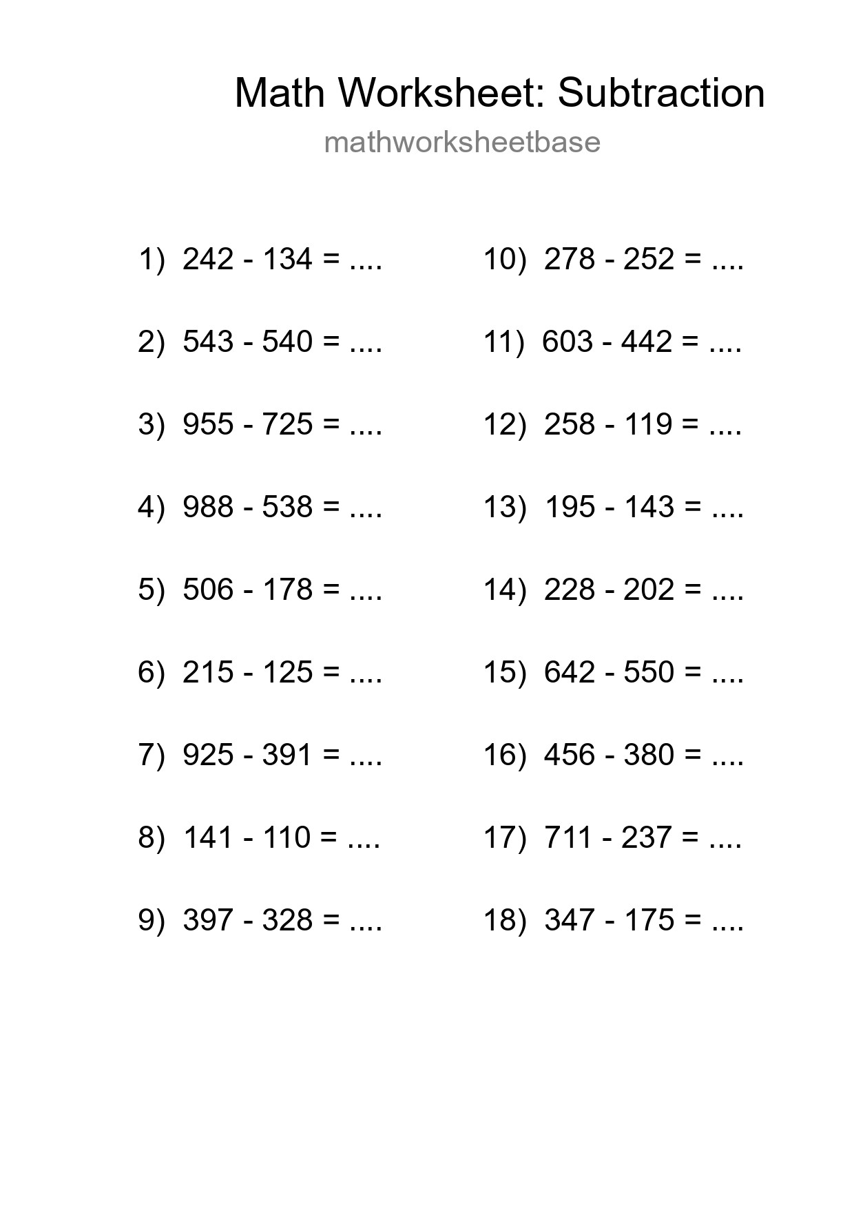 Grade 5 Subtraction Practice Worksheet (18 Problems) - Part 148