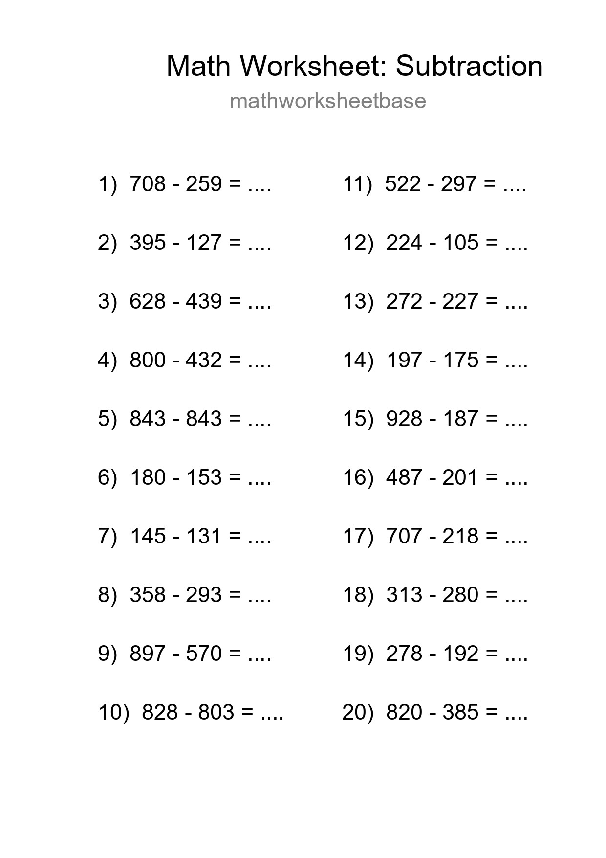 Grade 5 Subtraction Practice Worksheet (20 Problems) - Part 18