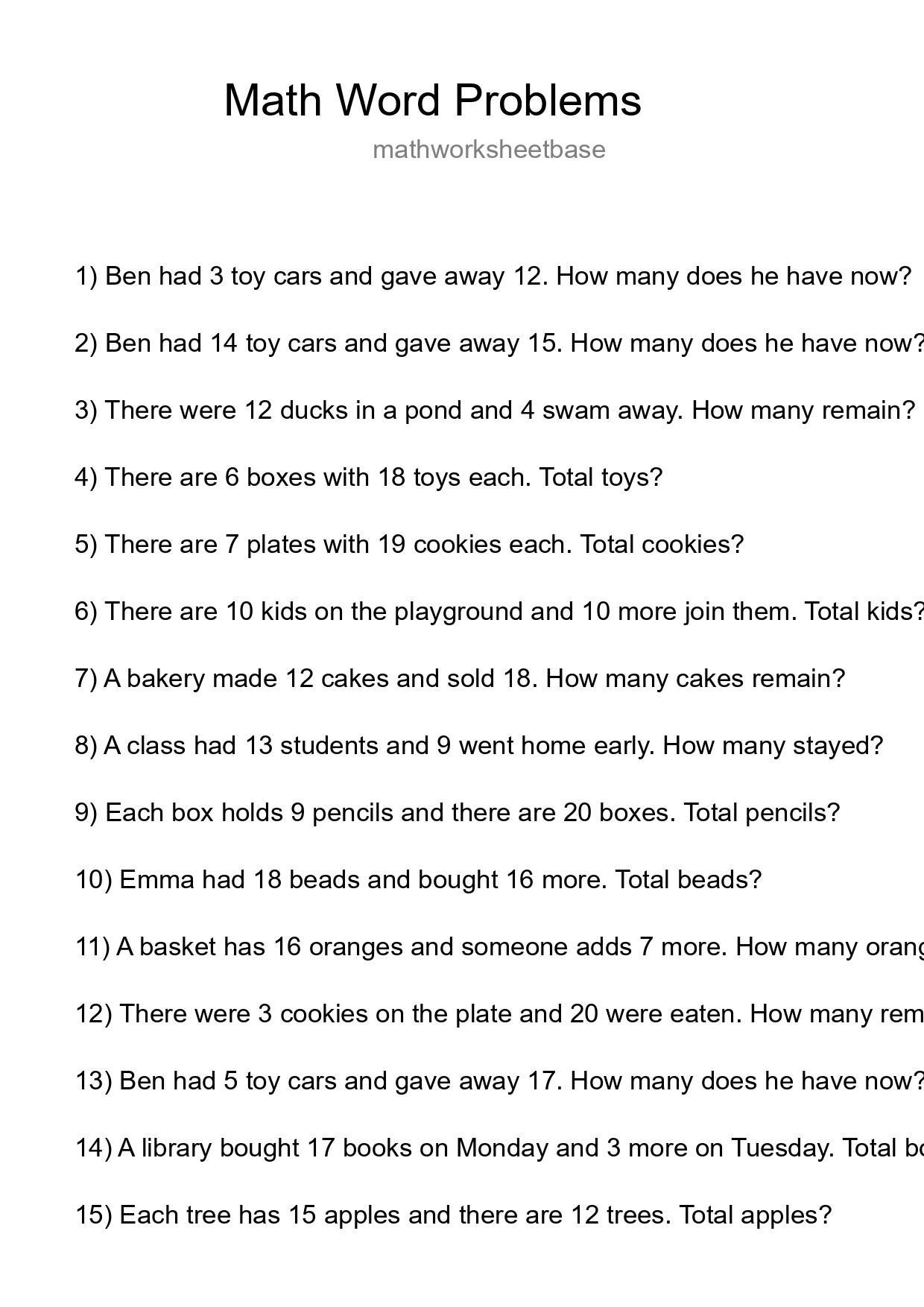 Math Word Problem Worksheet