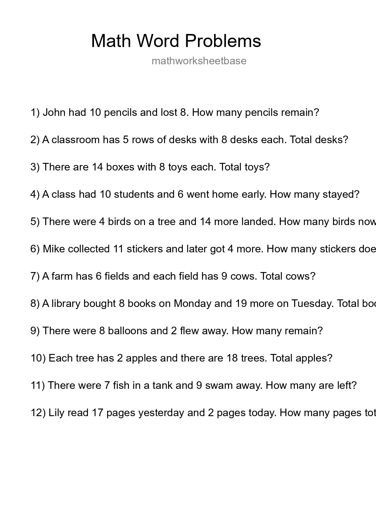 Math Word Problem Worksheet