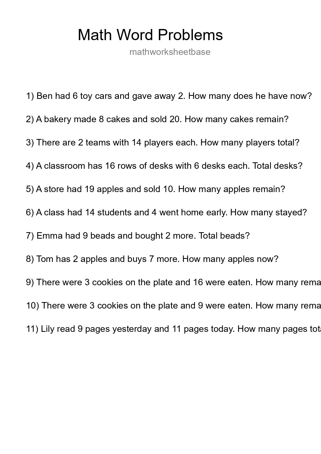 Math Word Problem Worksheet