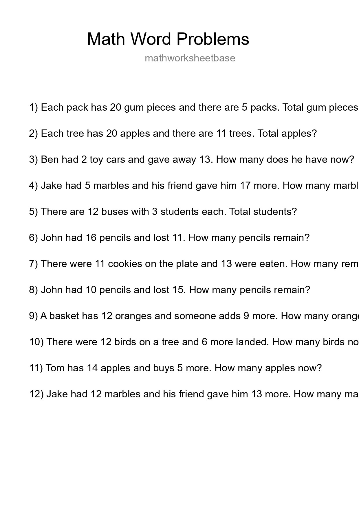 Math Word Problem Worksheet