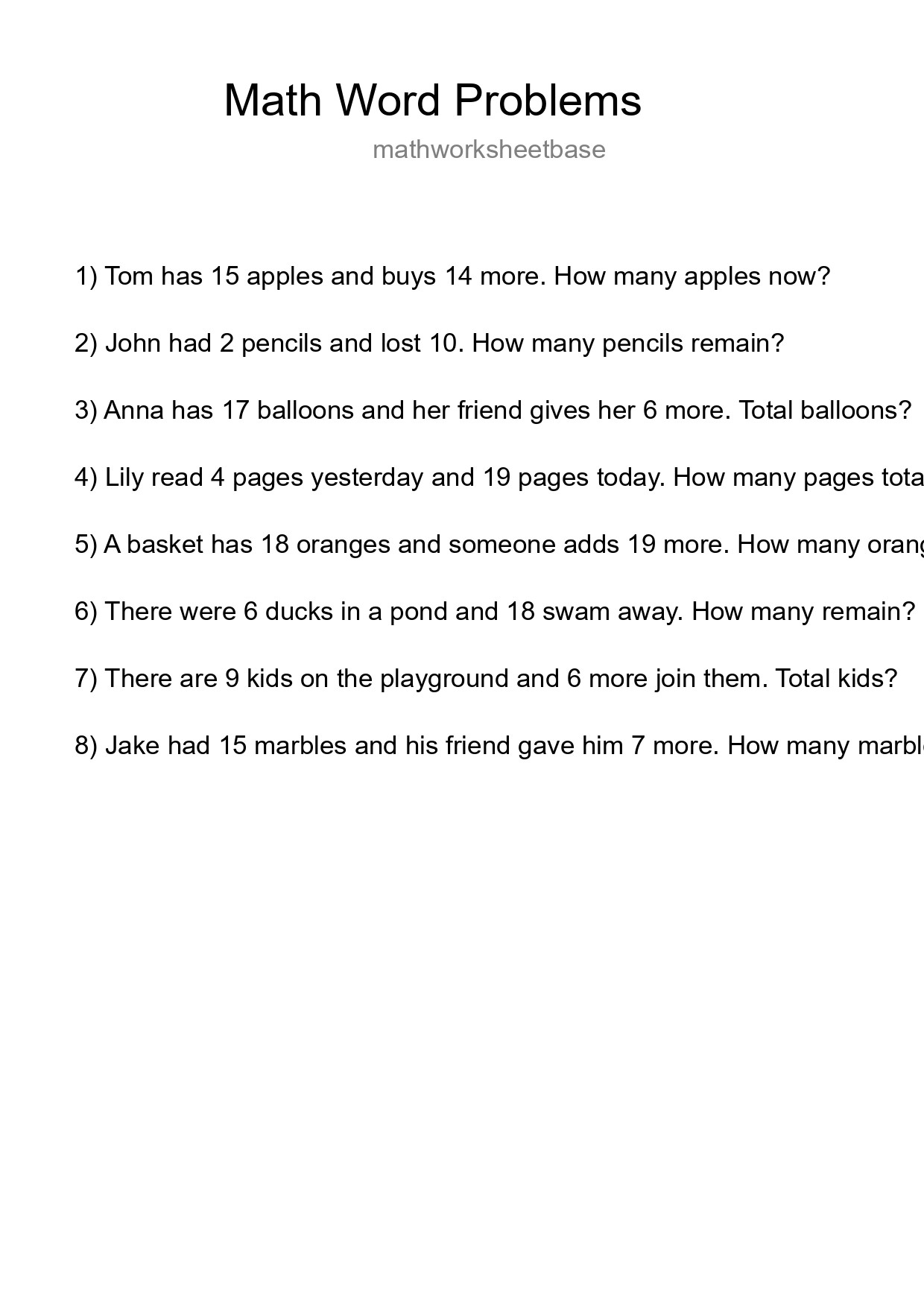 Math Word Problem Worksheet