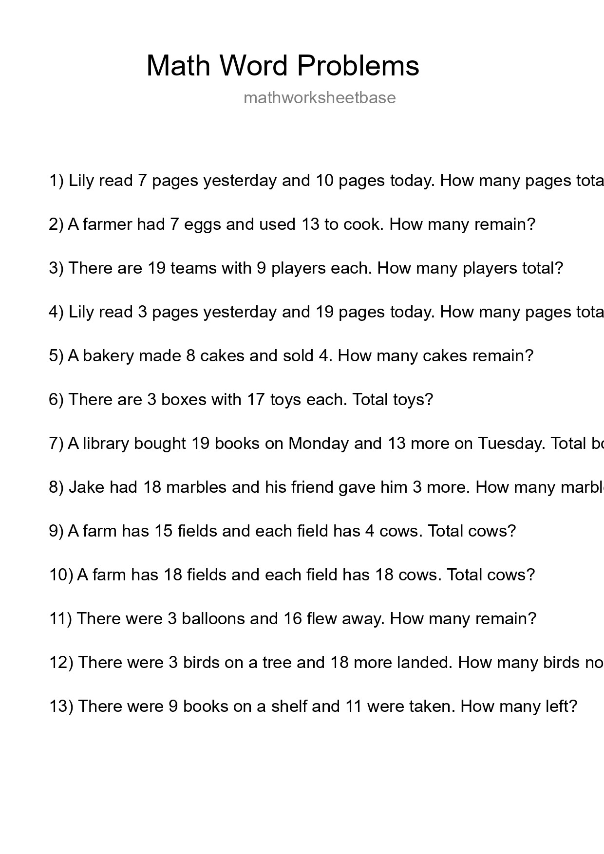 Math Word Problem Worksheet