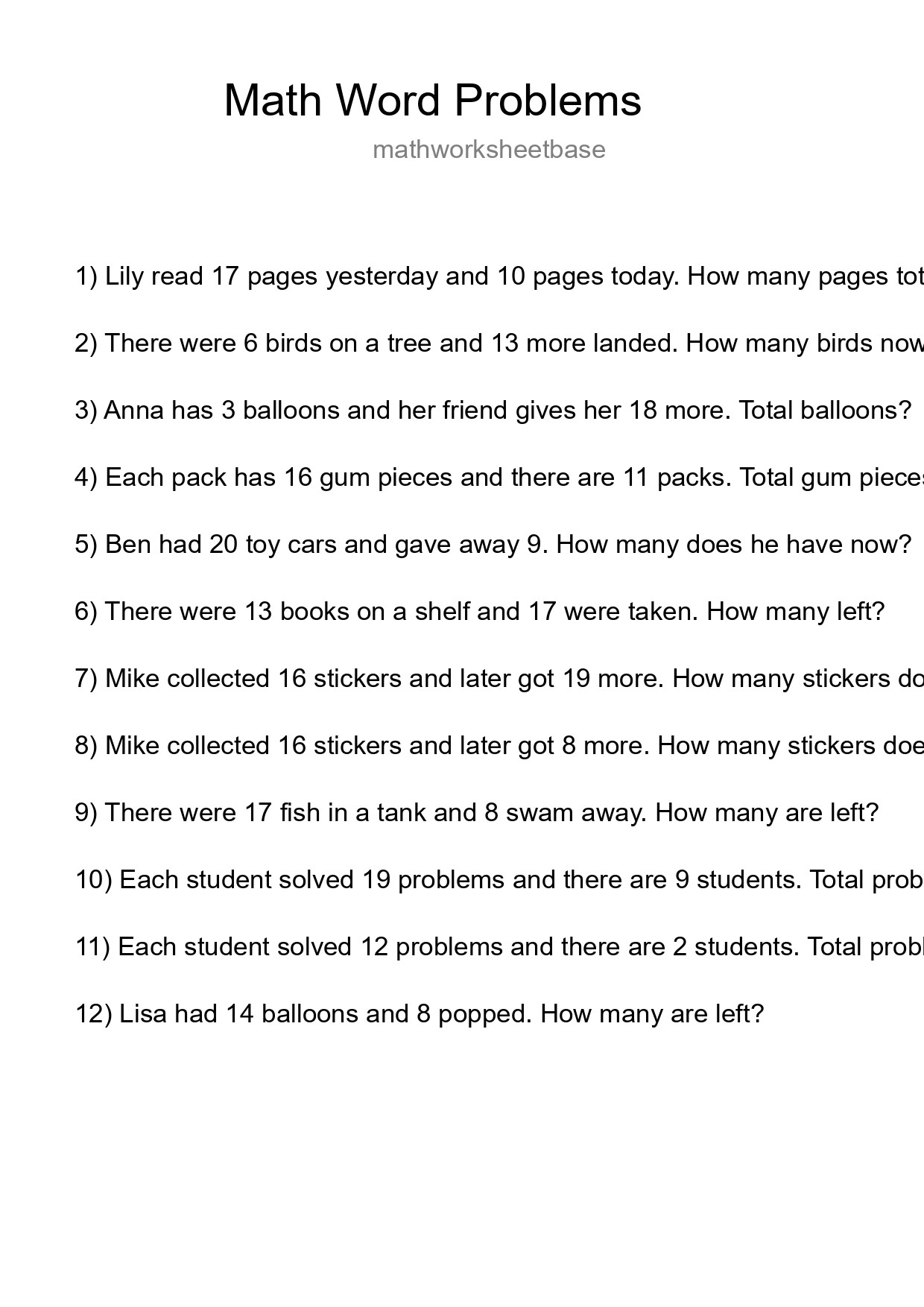 Math Word Problem Worksheet