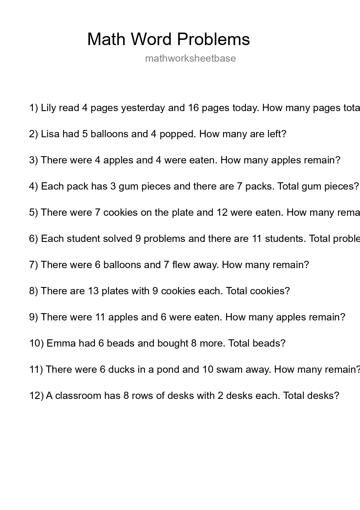 Math Word Problem Worksheet