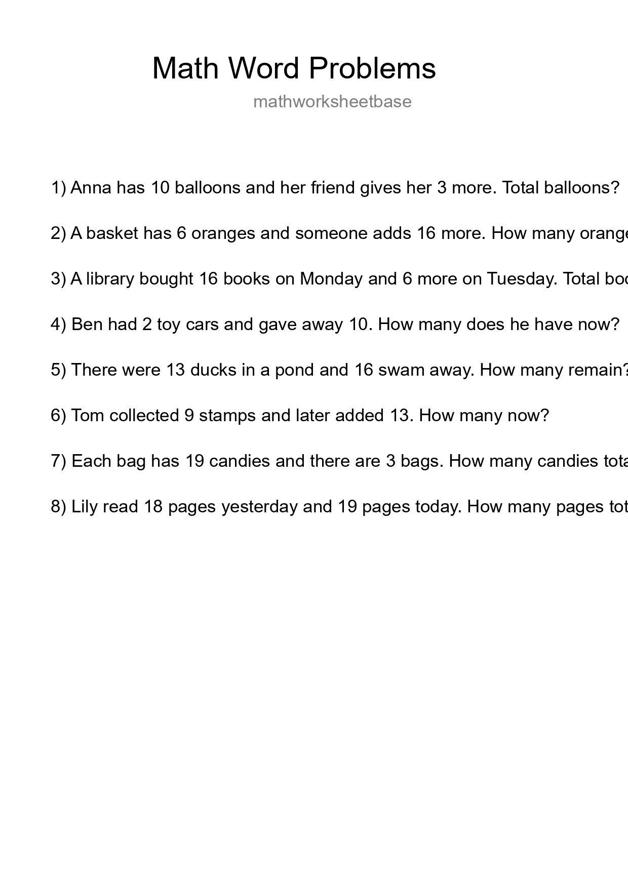 Math Word Problem Worksheet