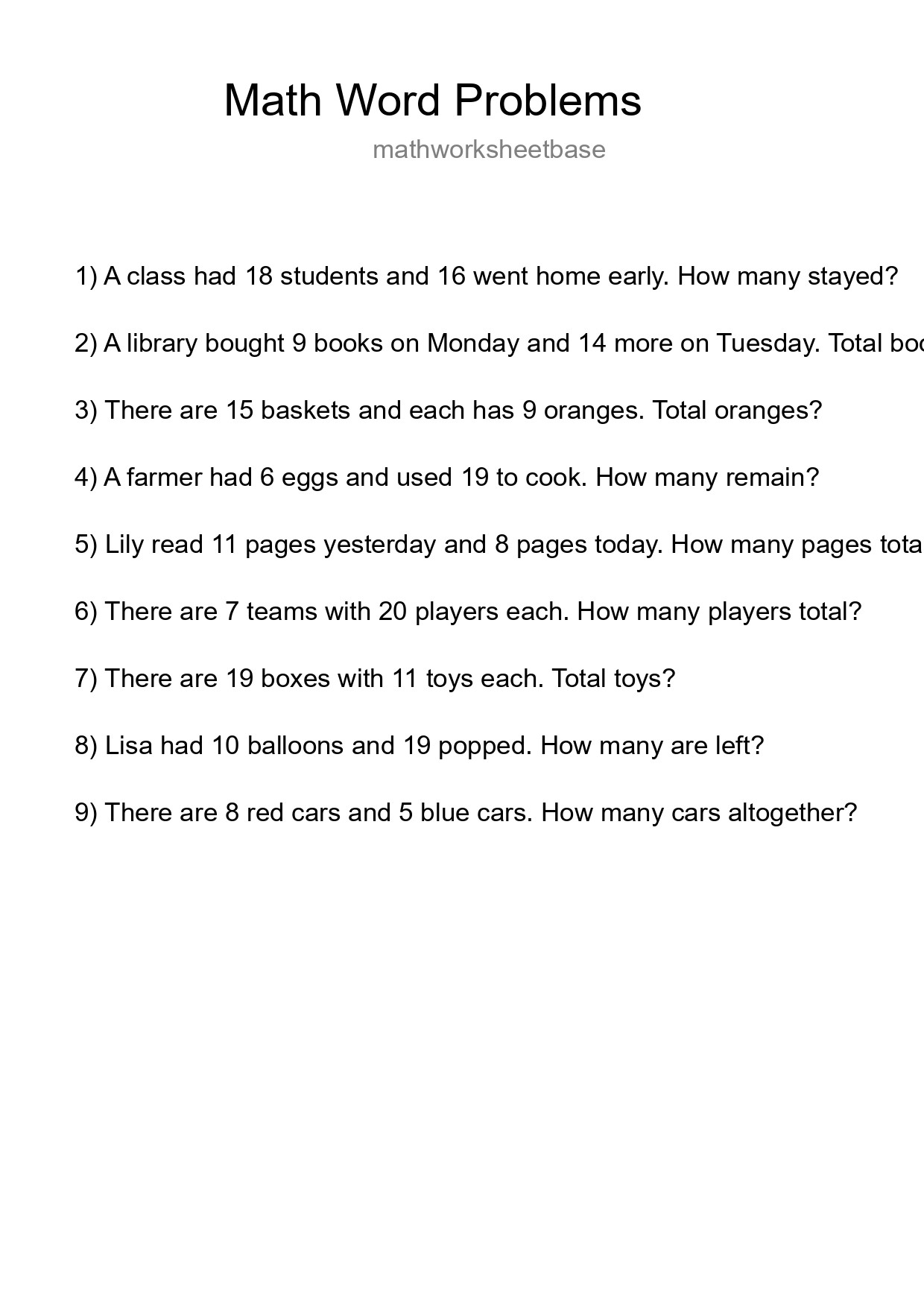 Math Word Problem Worksheet