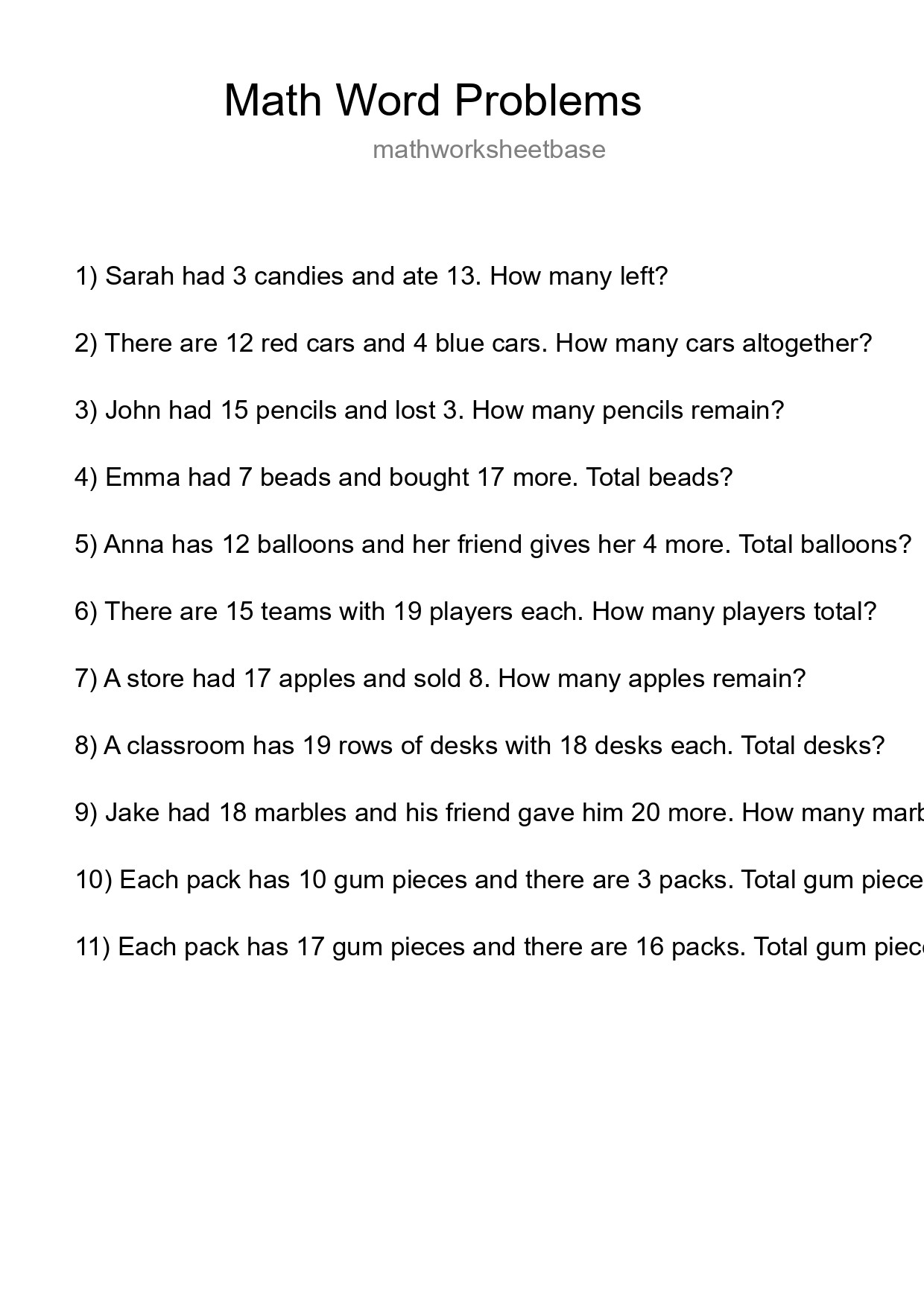 Math Word Problem Worksheet