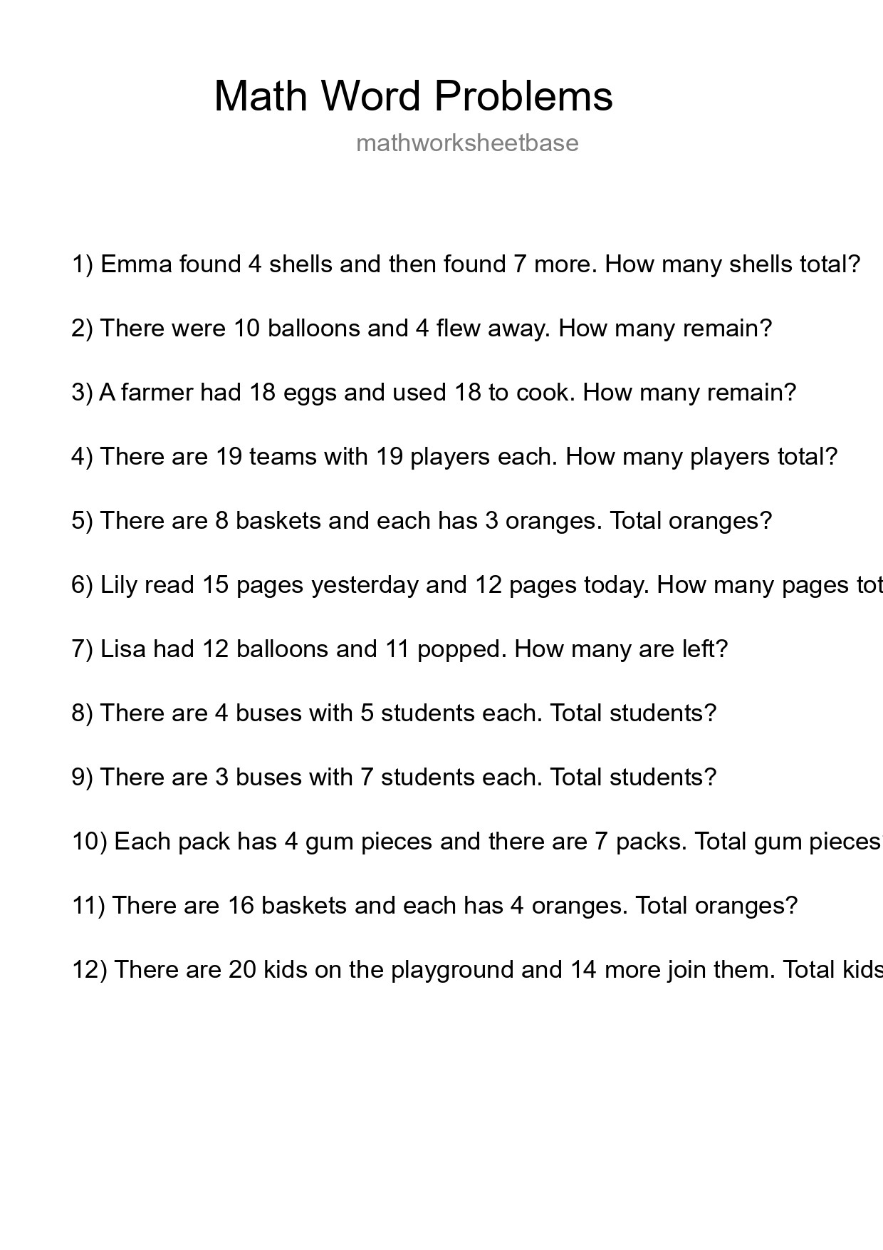 Math Word Problem Worksheet