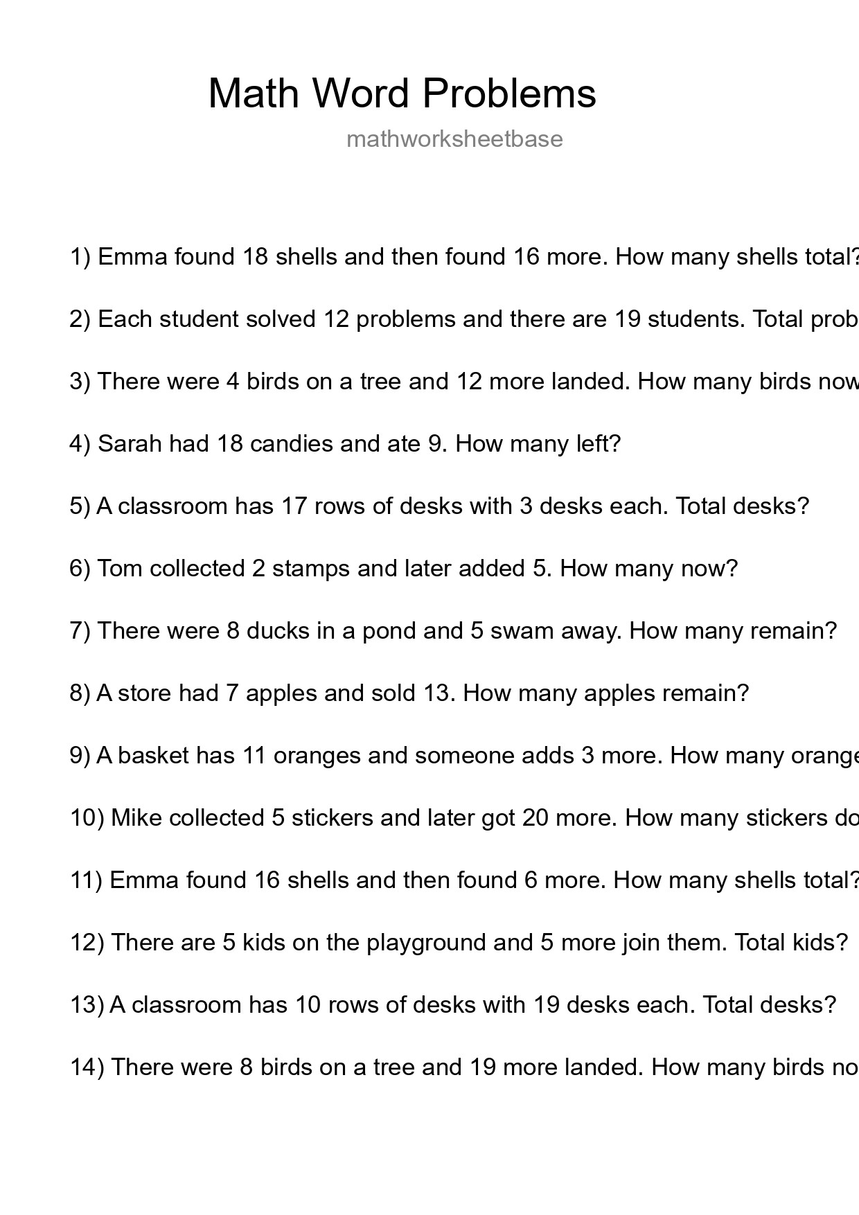 Math Word Problem Worksheet