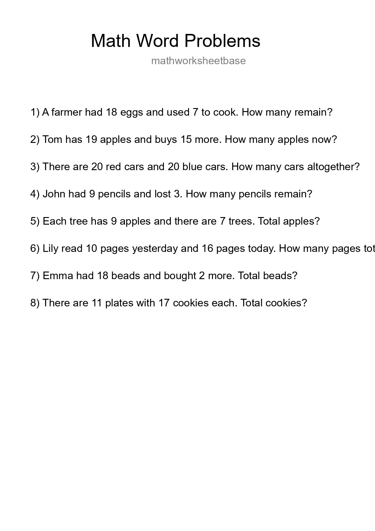 Math Word Problem Worksheet