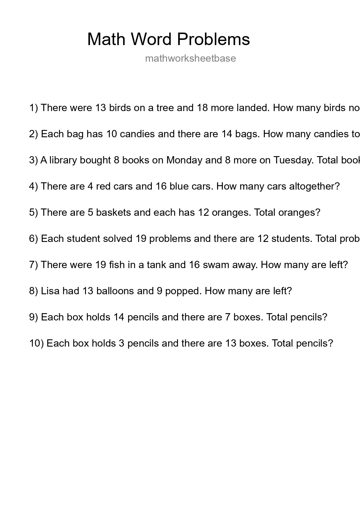 Math Word Problem Worksheet