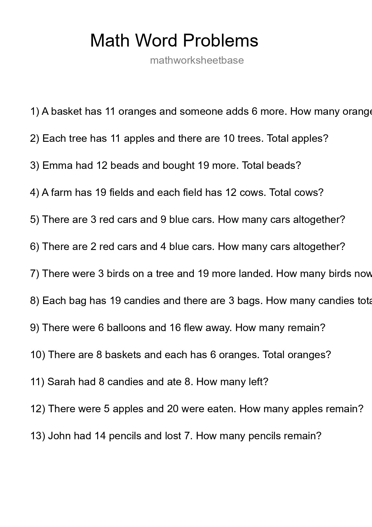 Math Word Problem Worksheet