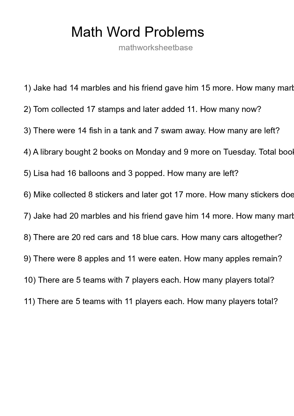 Math Word Problem Worksheet
