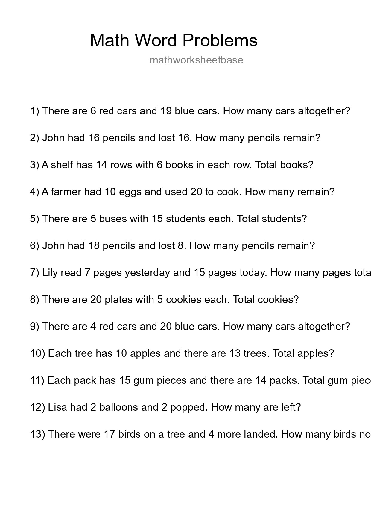 Math Word Problem Worksheet