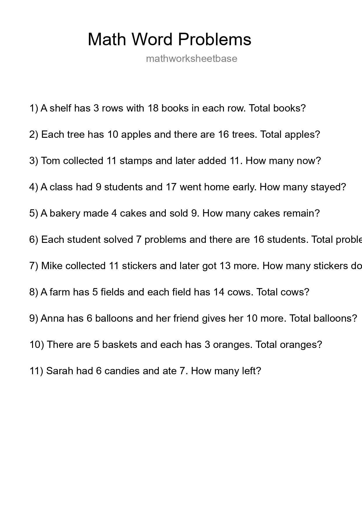 Math Word Problem Worksheet