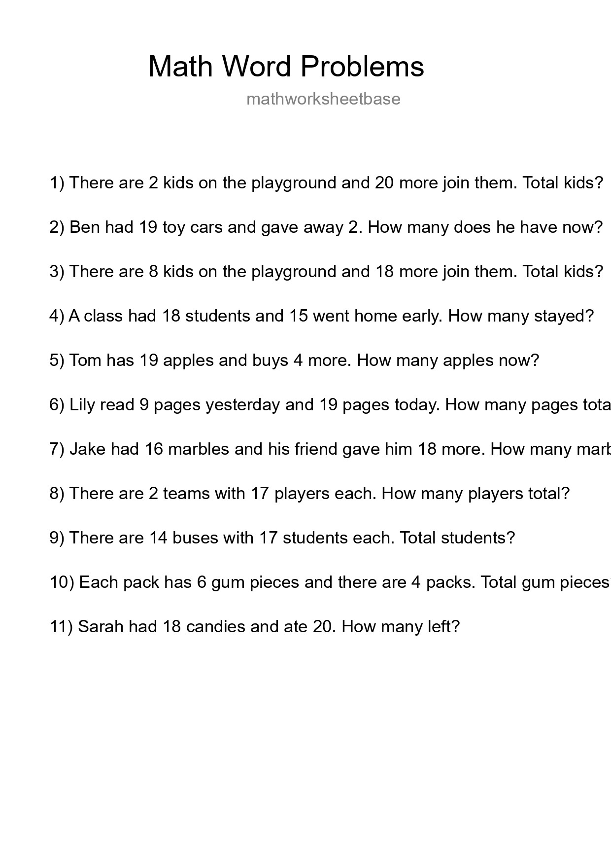 Math Word Problem Worksheet