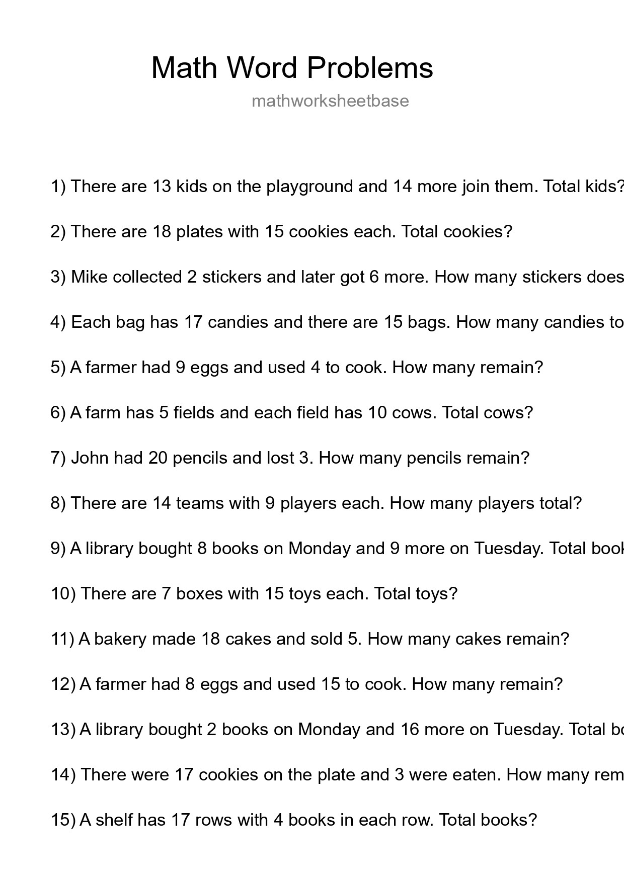 Math Word Problem Worksheet