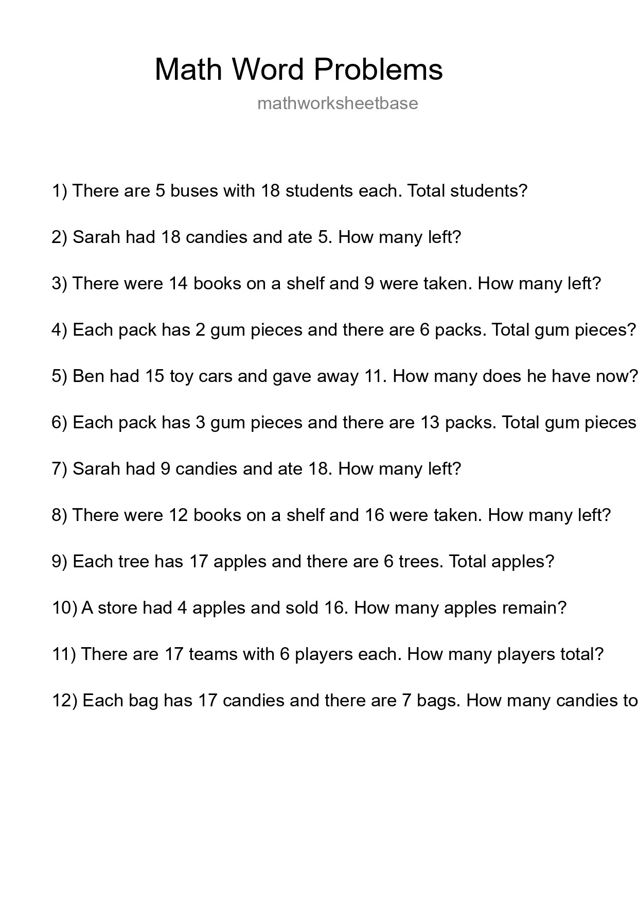 Math Word Problem Worksheet