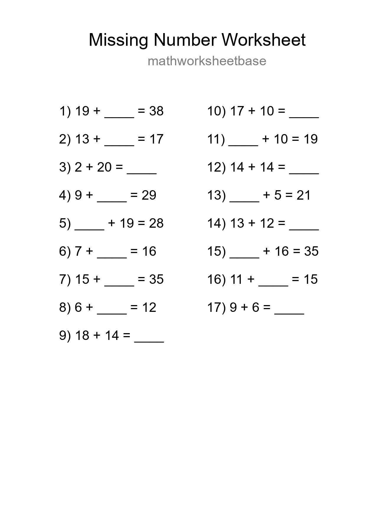 Missing Number Math Worksheet