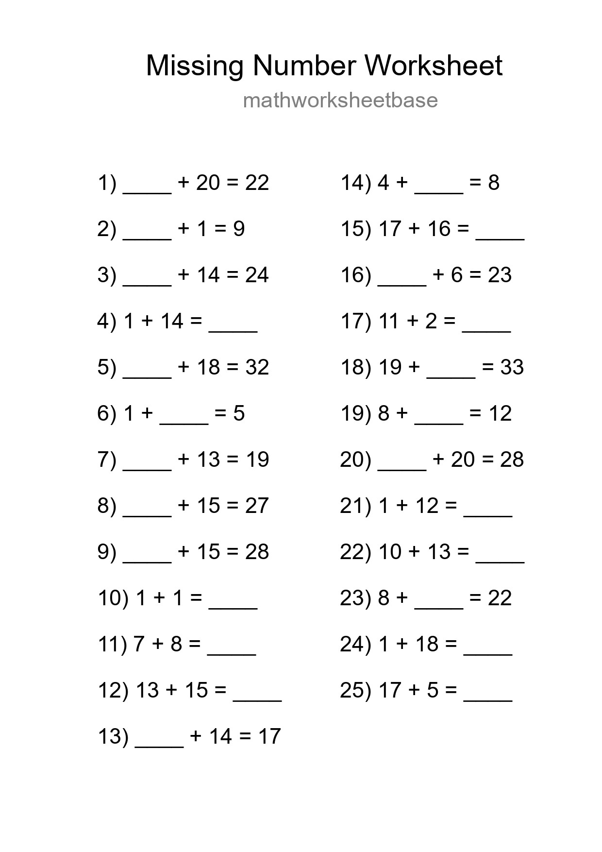 Missing Number Math Worksheet