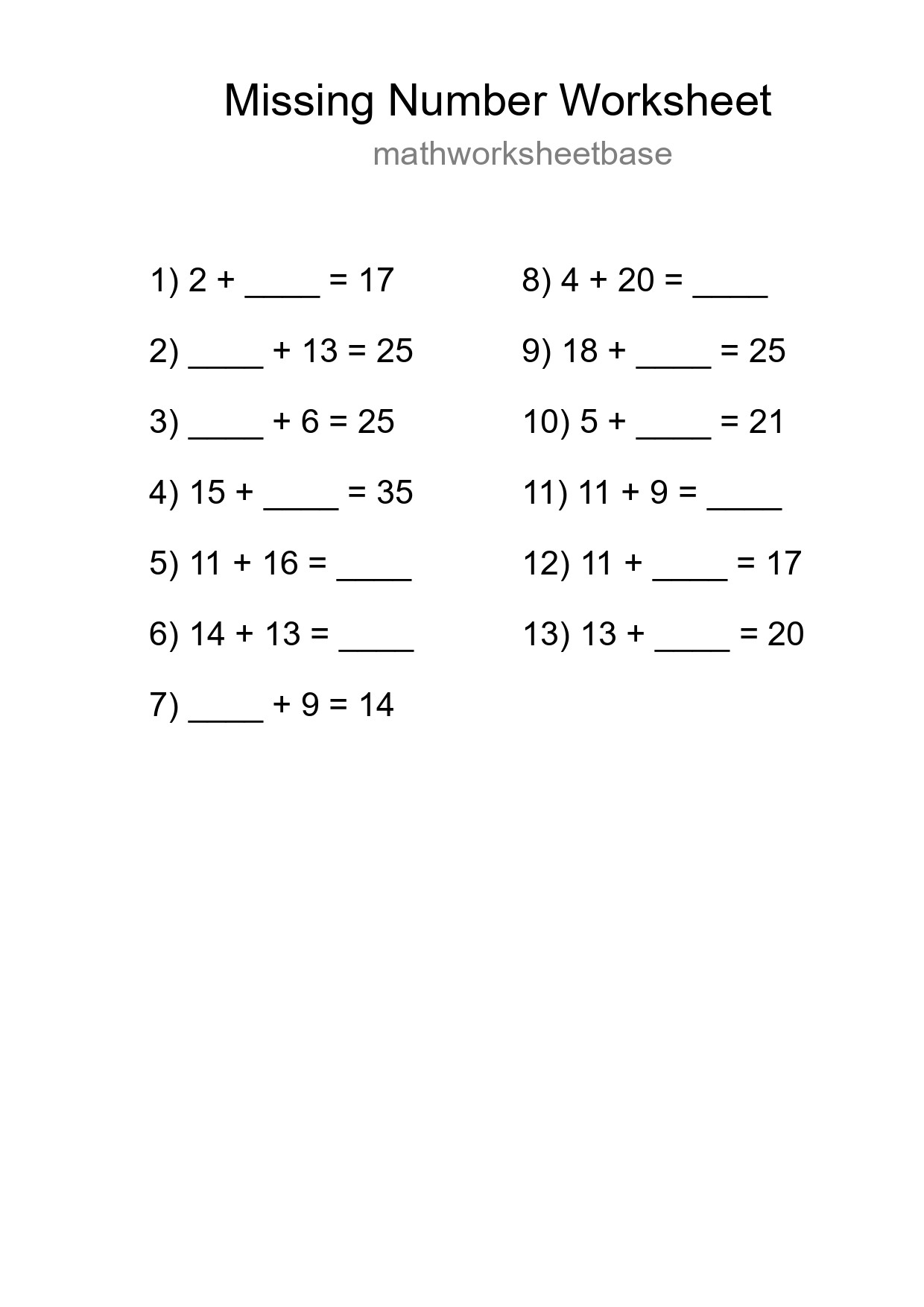 Missing Number Math Worksheet