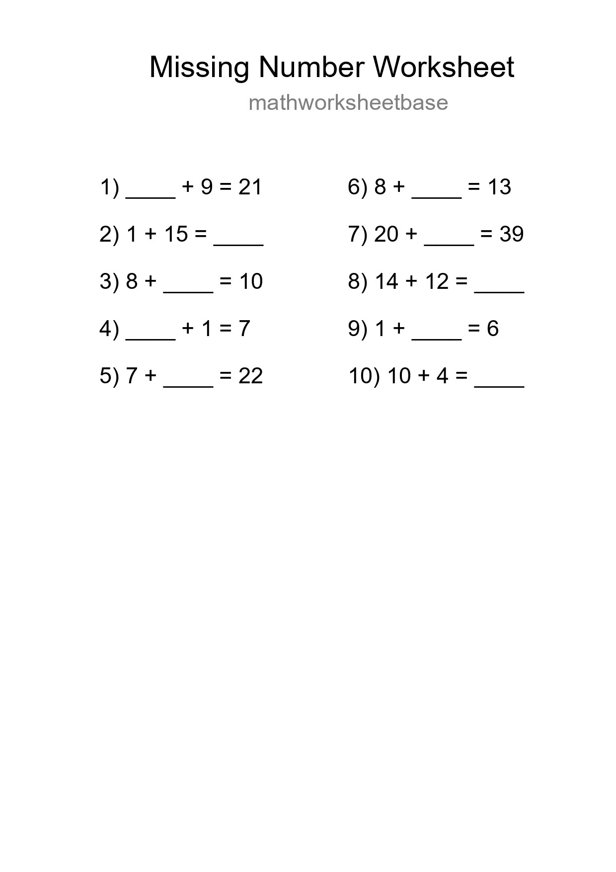 Missing Number Math Worksheet