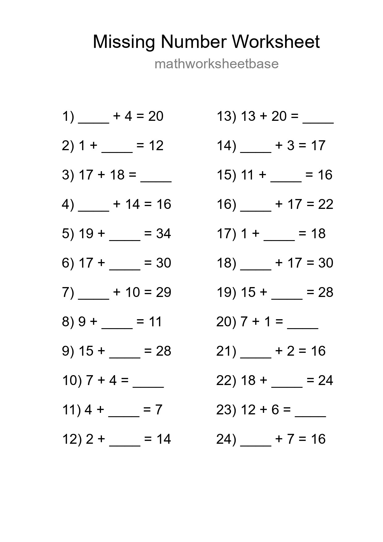 Missing Number Math Worksheet