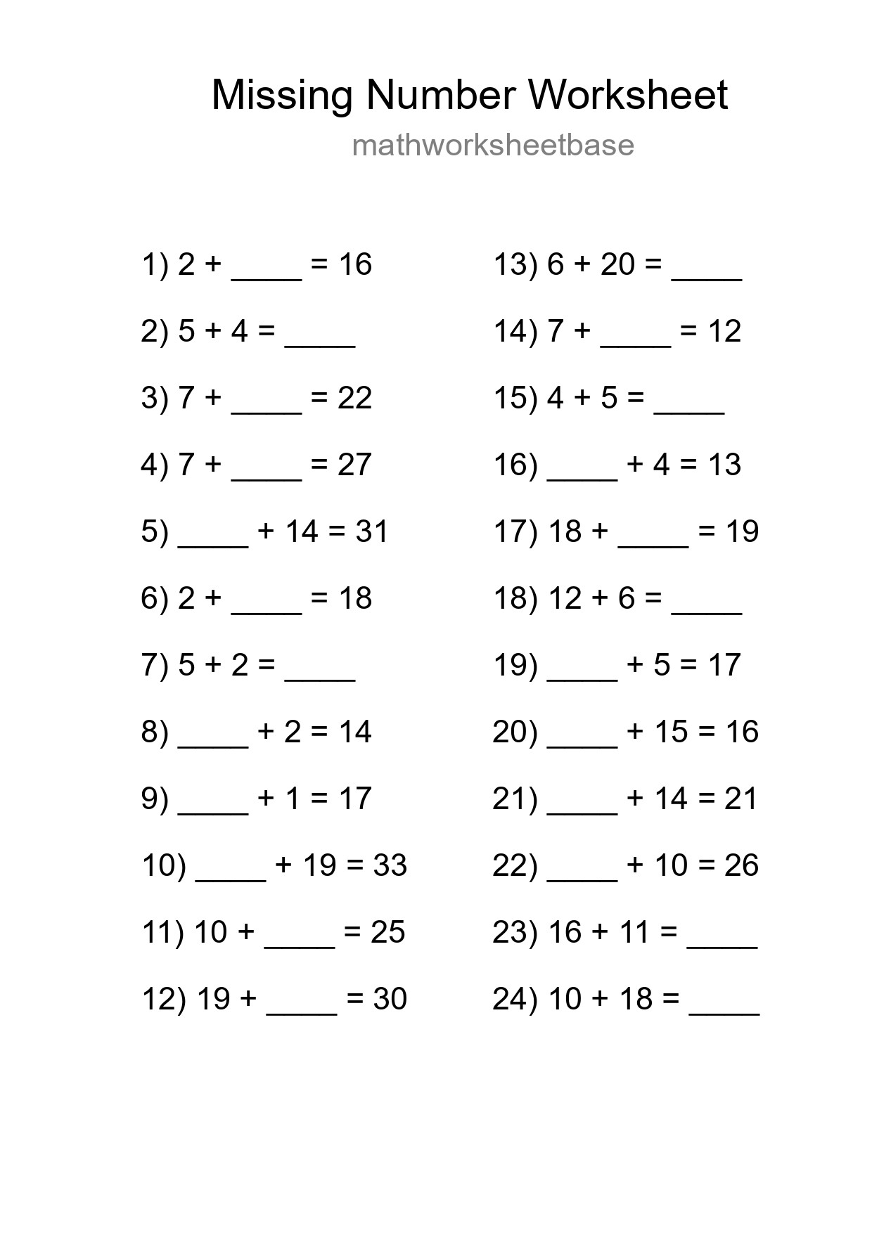 Missing Number Math Worksheet
