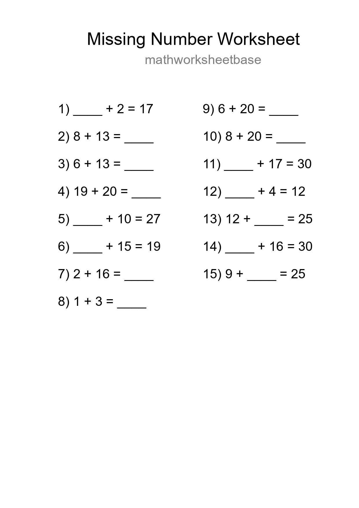 Missing Number Math Worksheet