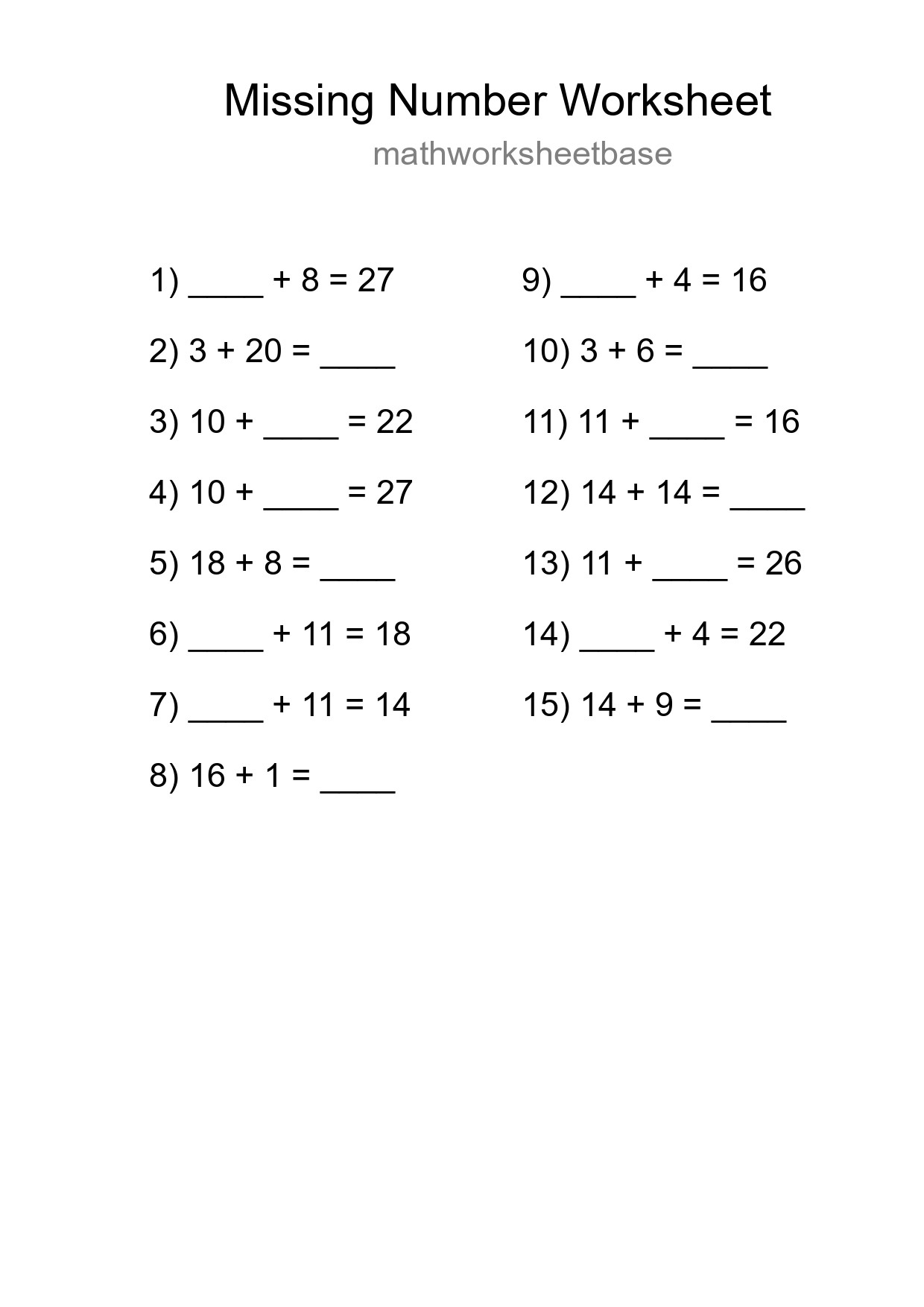 Missing Number Math Worksheet