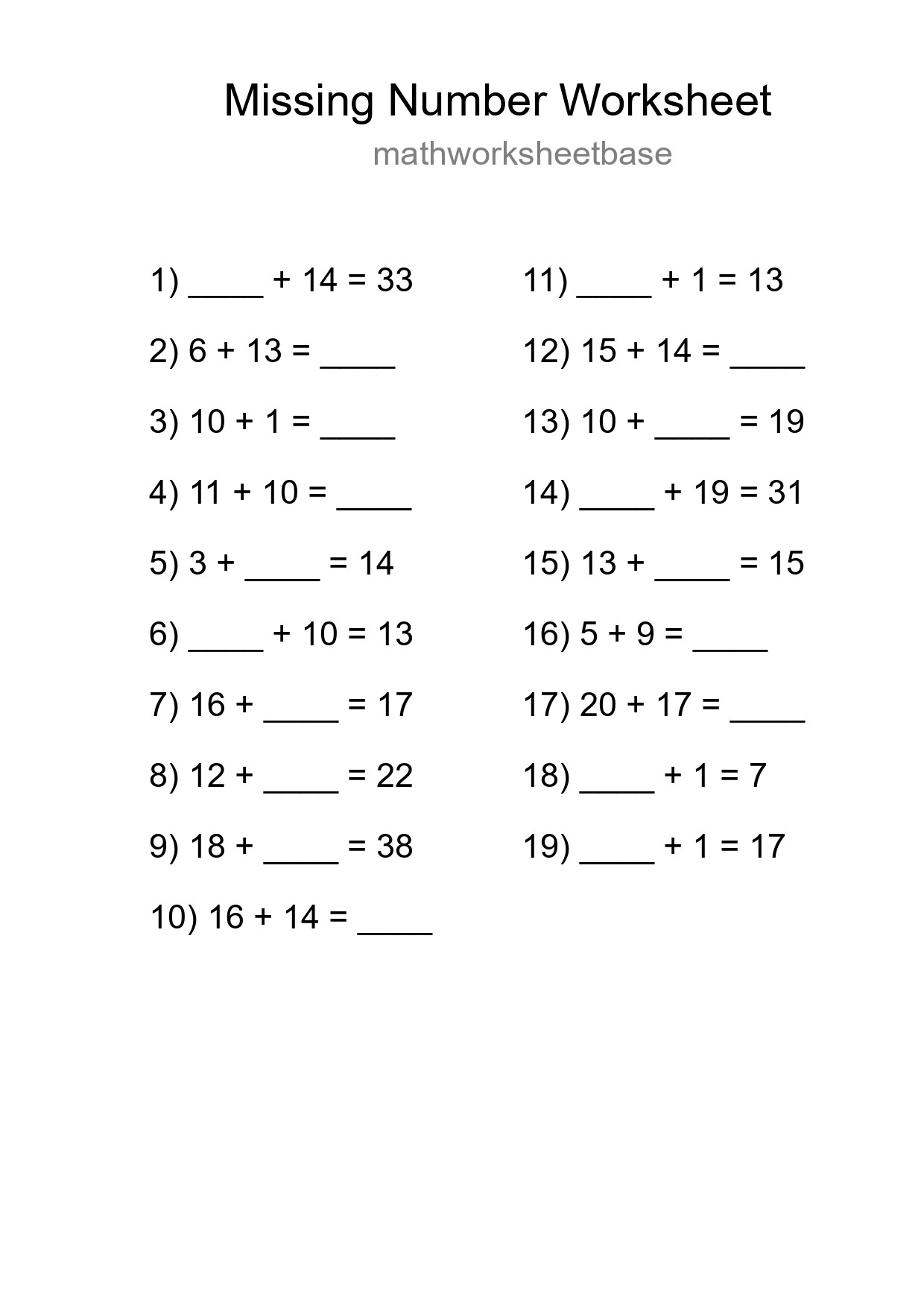 Missing Number Math Worksheet