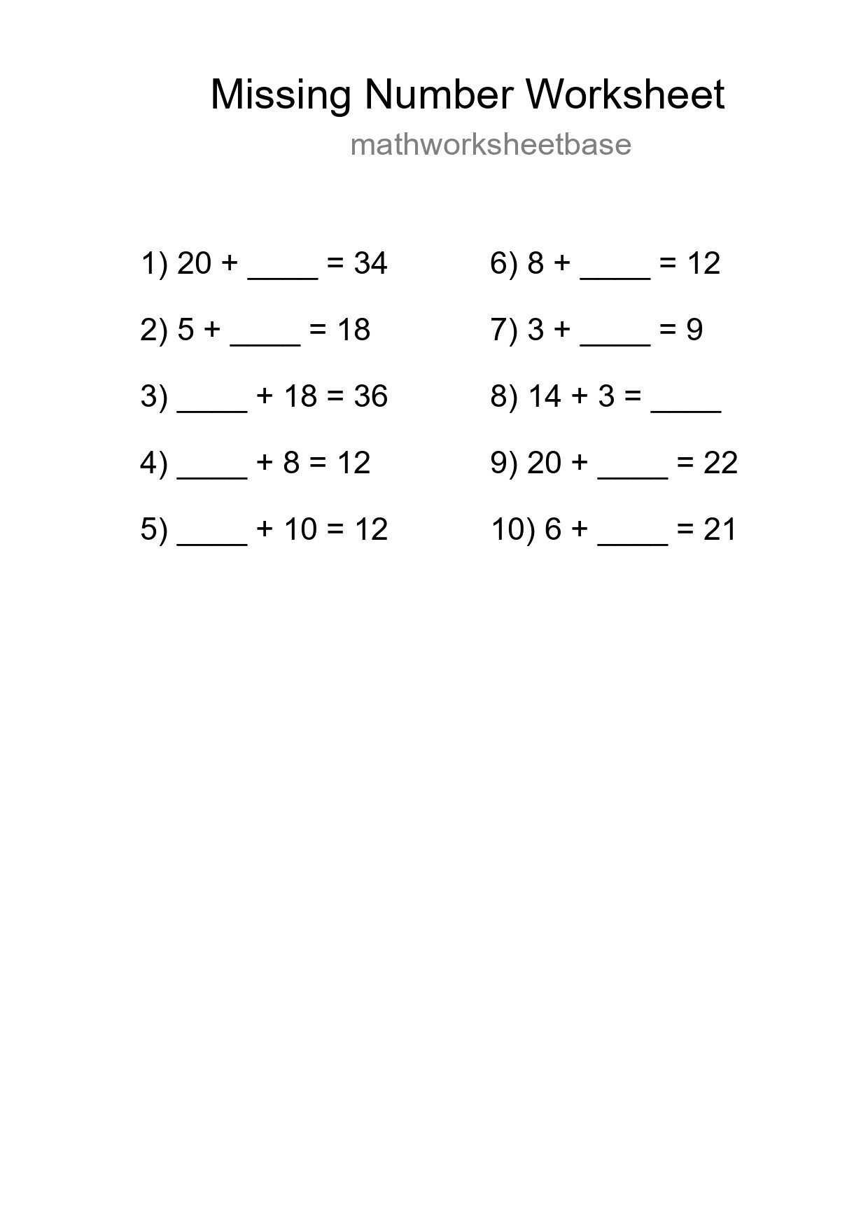 Missing Number Math Worksheet