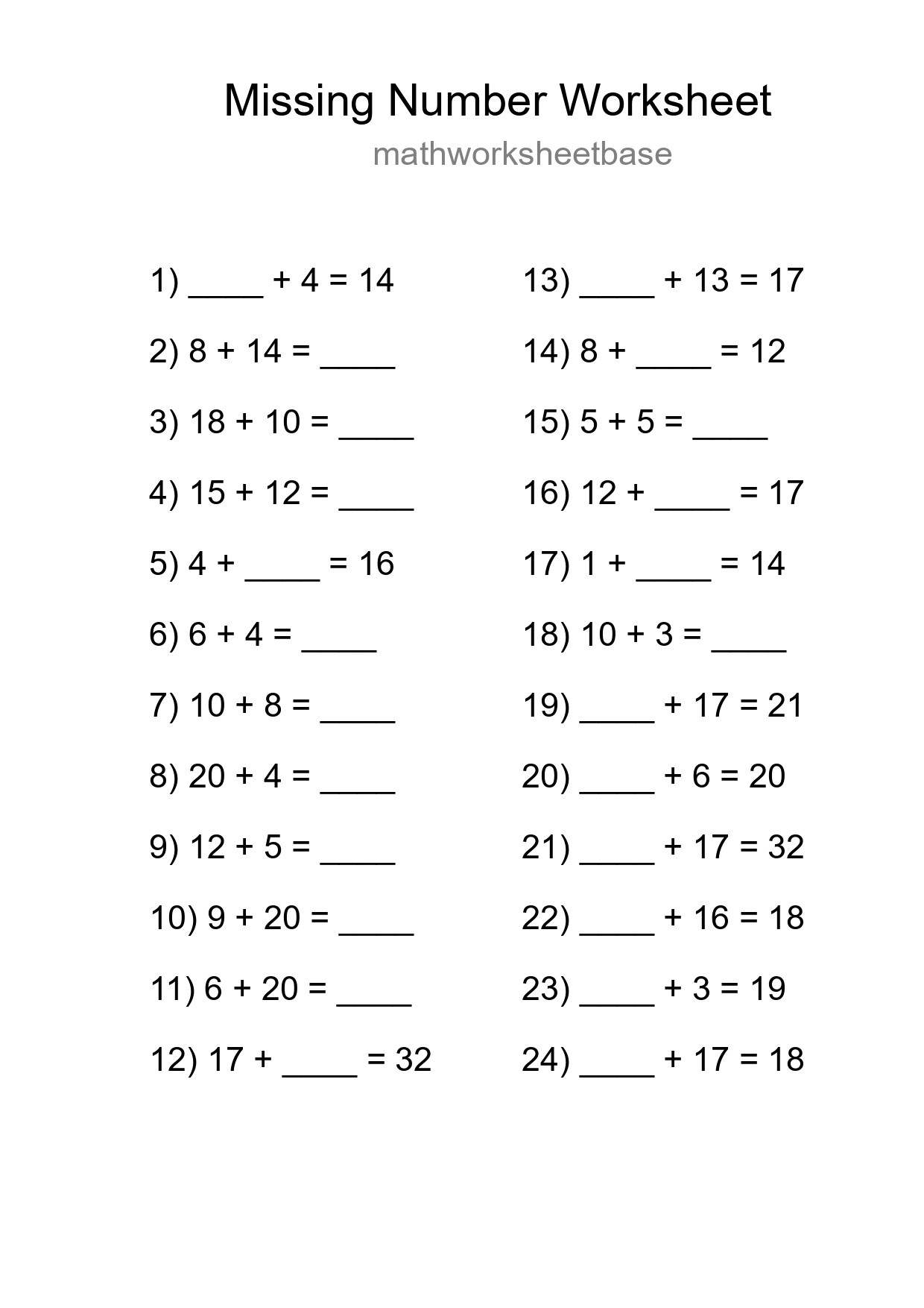 Missing Number Math Worksheet