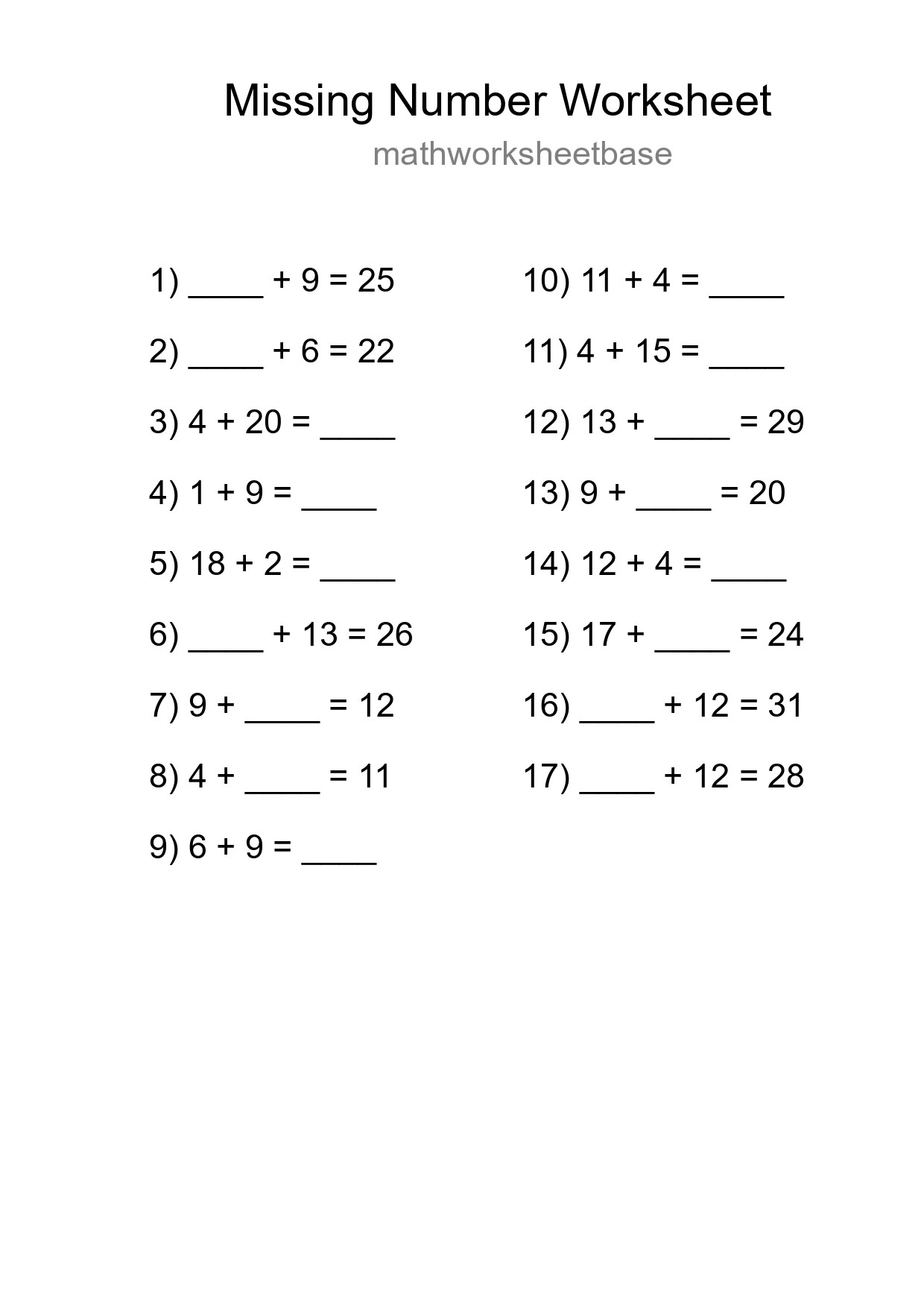 Missing Number Math Worksheet