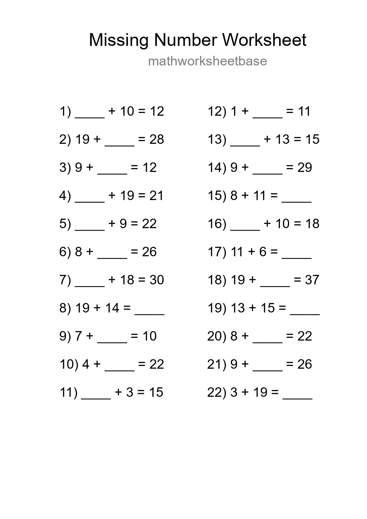 Missing Number Math Worksheet