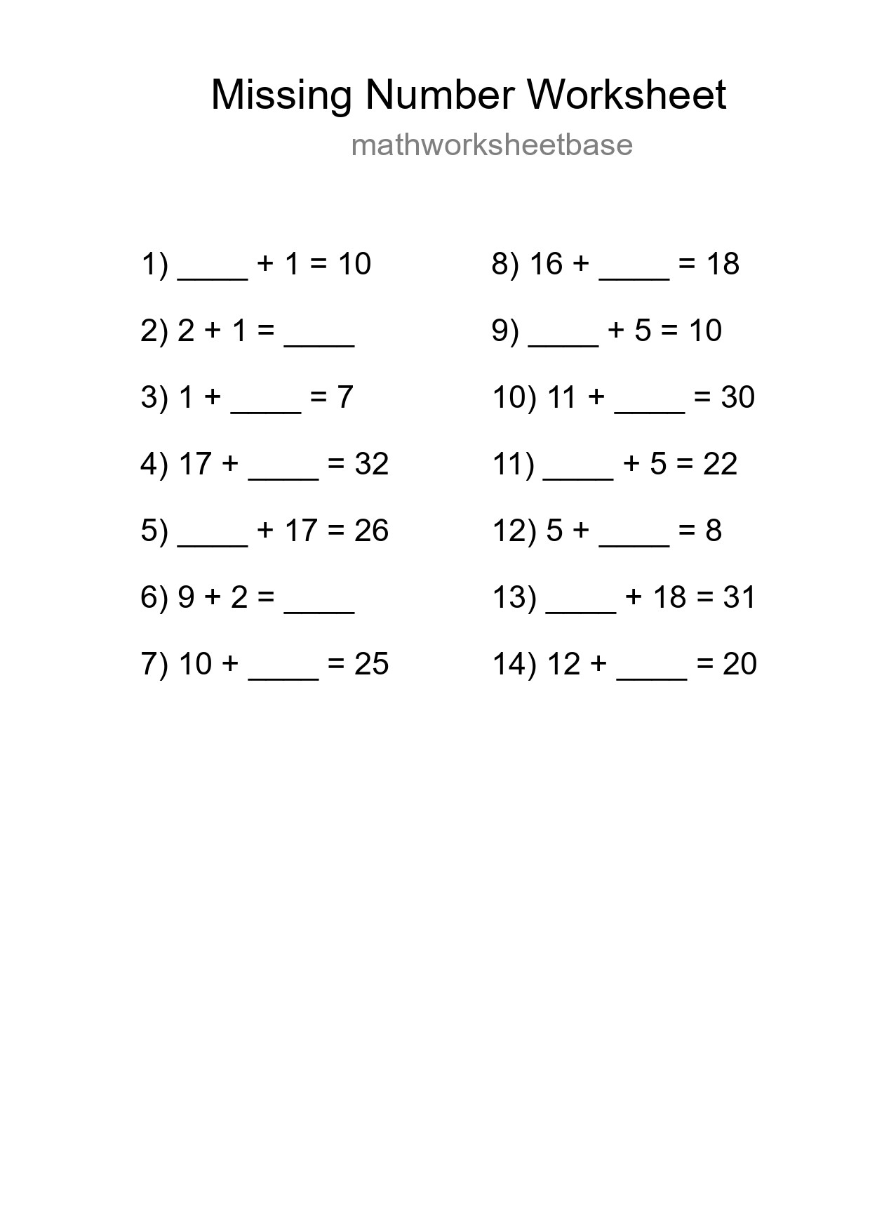 Missing Number Math Worksheet