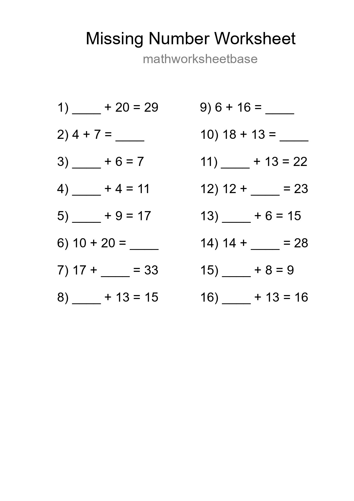 Missing Number Math Worksheet