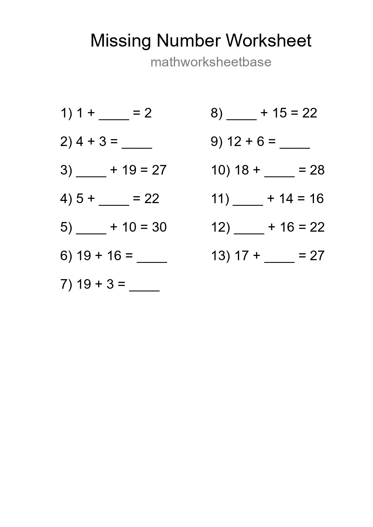 Missing Number Math Worksheet