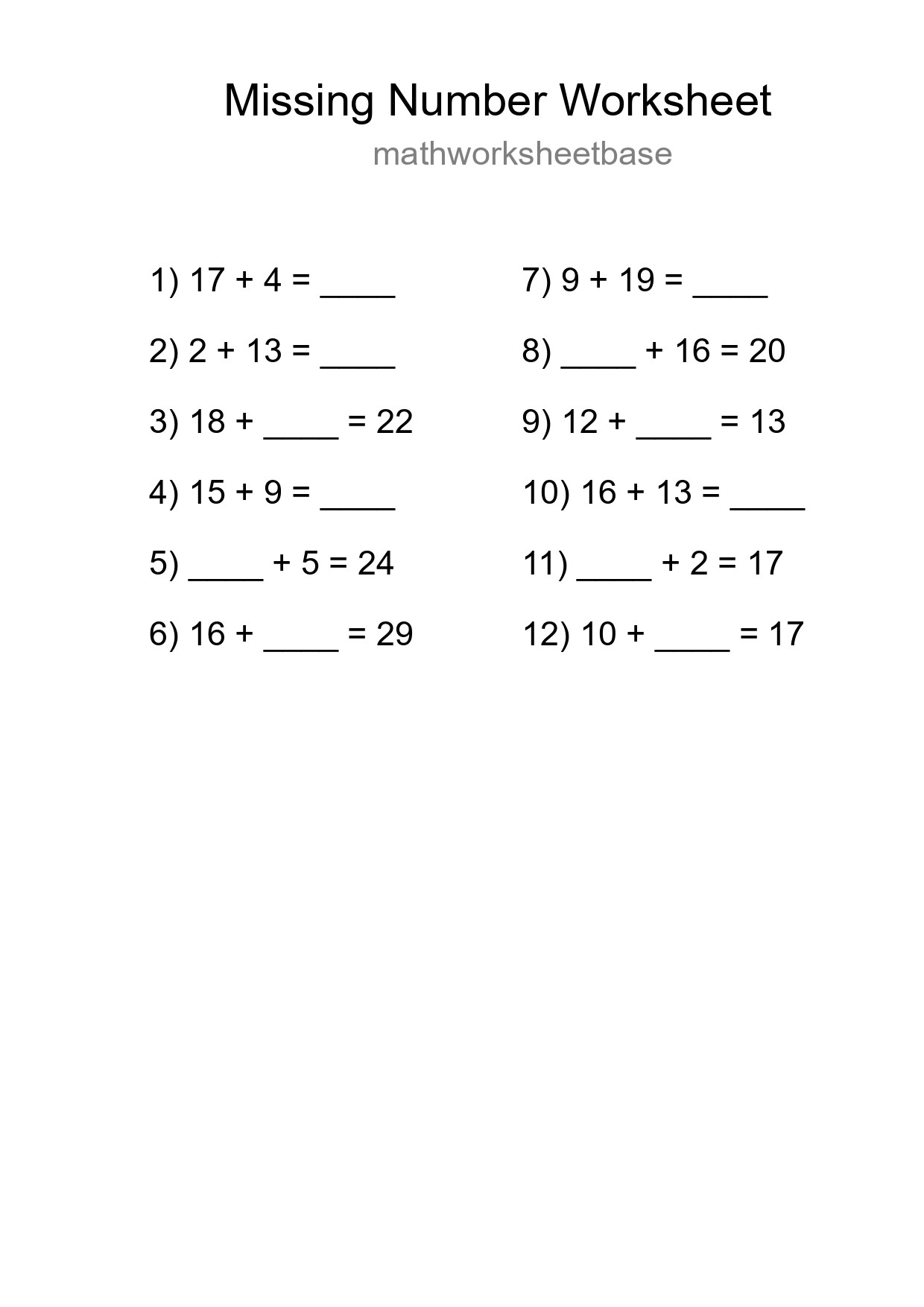 Missing Number Math Worksheet