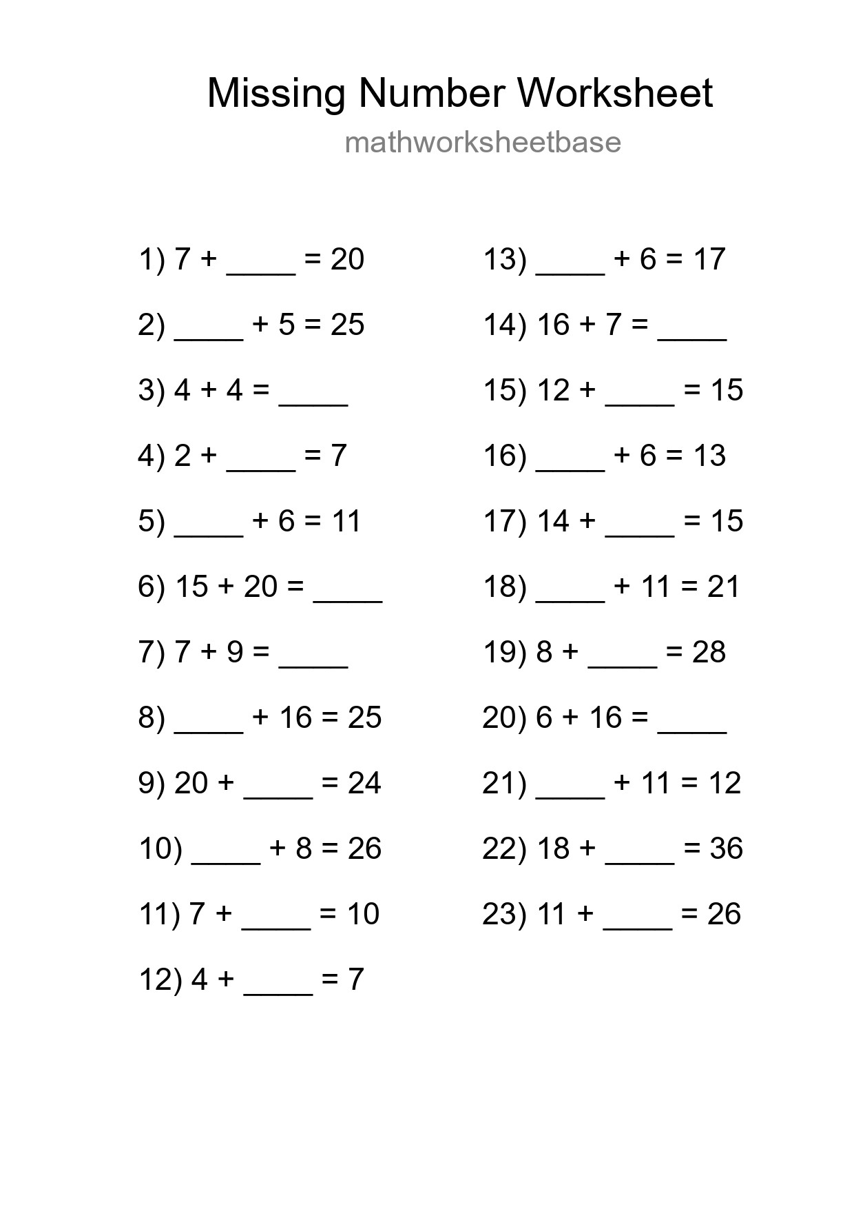 Missing Number Math Worksheet
