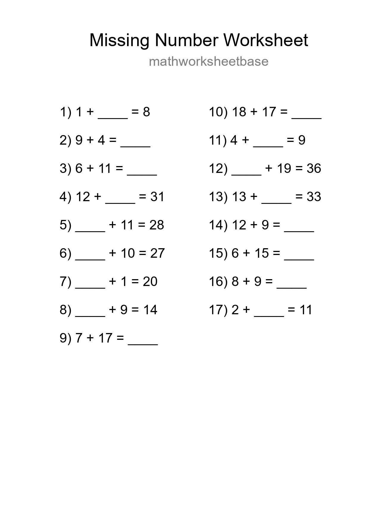 Missing Number Math Worksheet