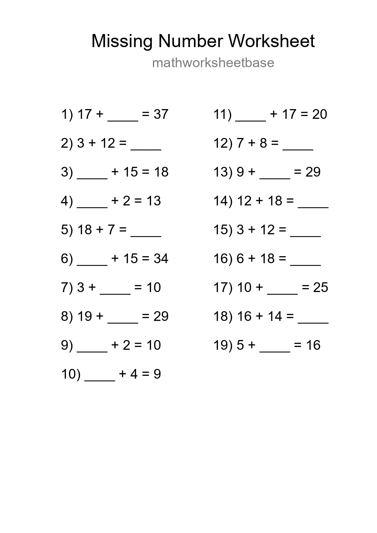 Missing Number Math Worksheet